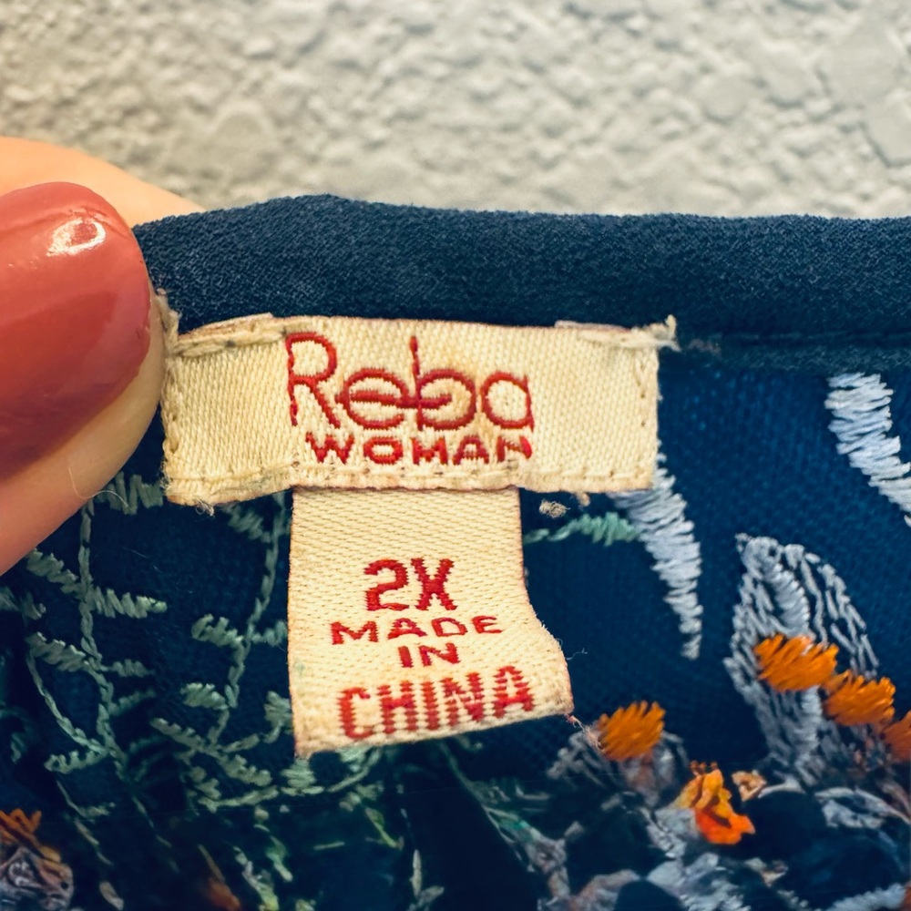 2X Reba Woman Embroidered Blue + Orange Floral Dress w/elastic waistband at back - Picture 2 of 6